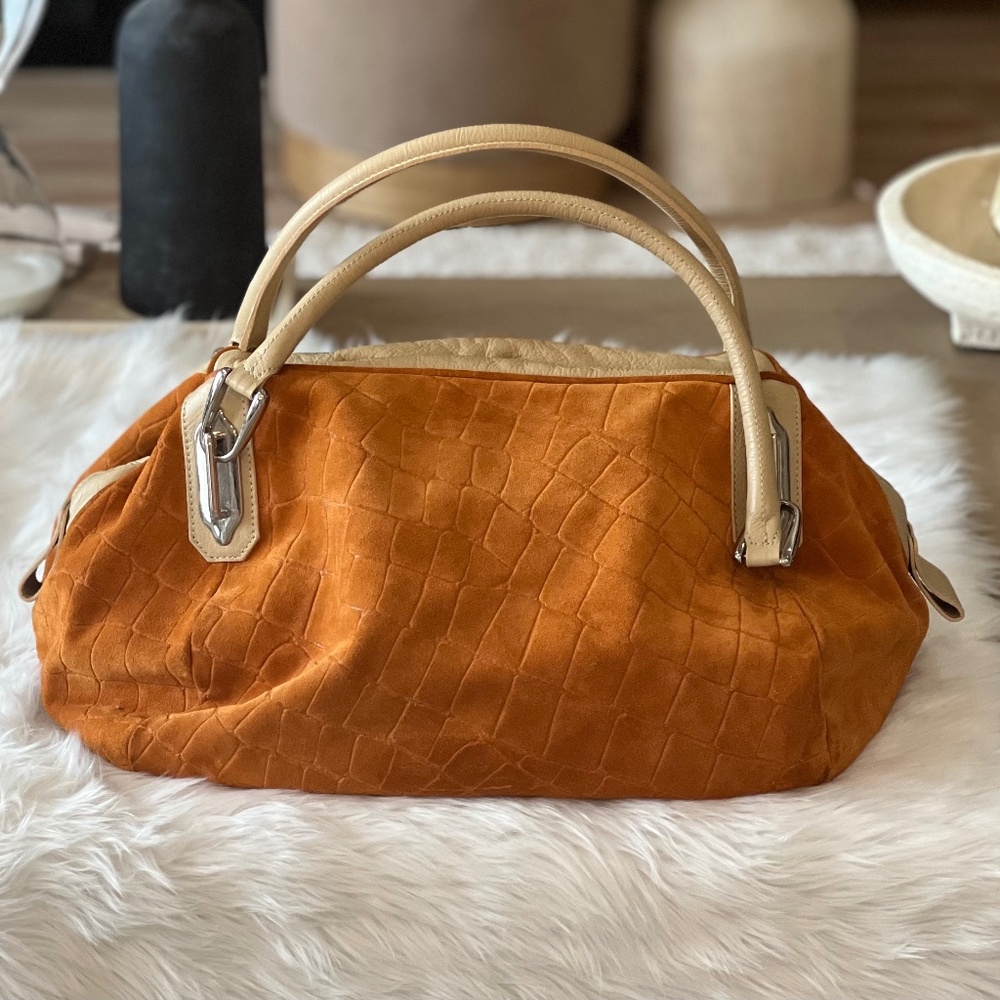 INNUE MADE IN ITALY EMBOSSED SUEDE SATCHEL PURSE